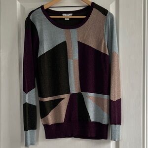 DKNY Women's Sweater with Purple, Black, and Cream Geometric Design